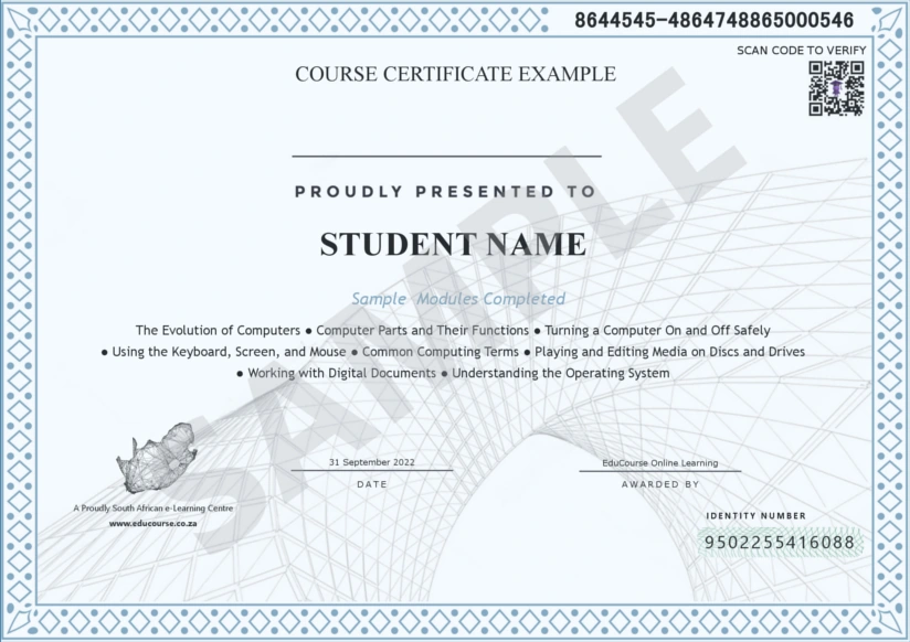 Microsoft Excel course certificate sample